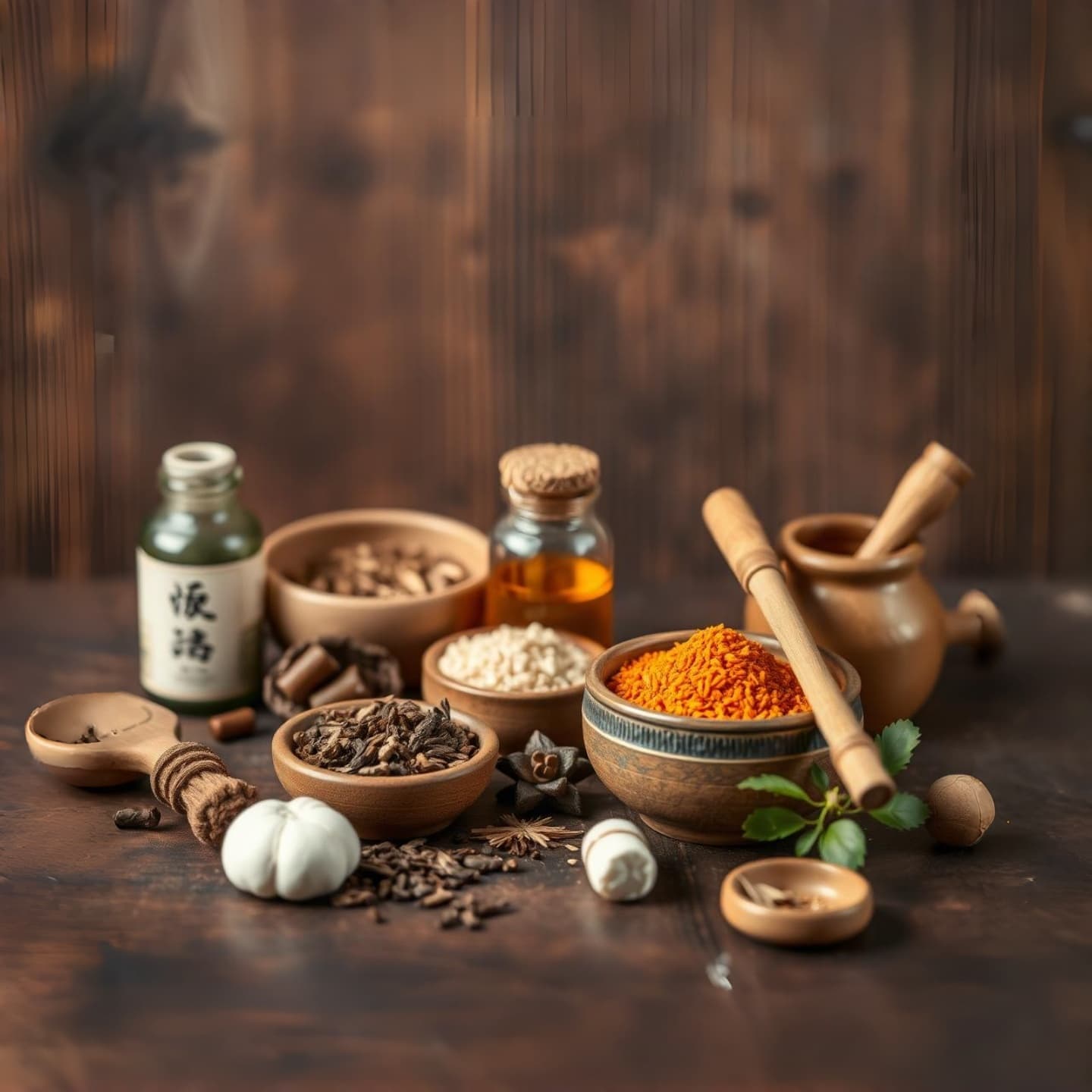 传统中医药背景，展示草药和工具